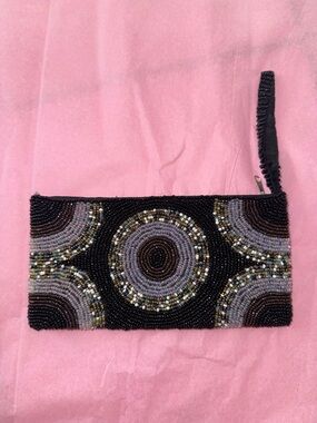 Beaded Black Evening Wristlet Clutch with Lavender and Metallic Accents